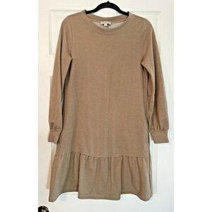 Ann taylor loft dress xs crew neck Shift dress tan ruffle‎ comfort Cottagecore